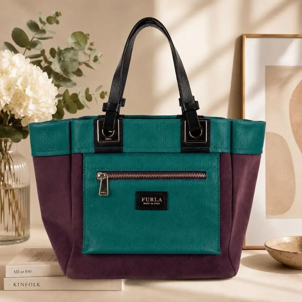 Furla Tribe Reversible Tote – Teal & Purple Italian Suede + Saffiano Leather
